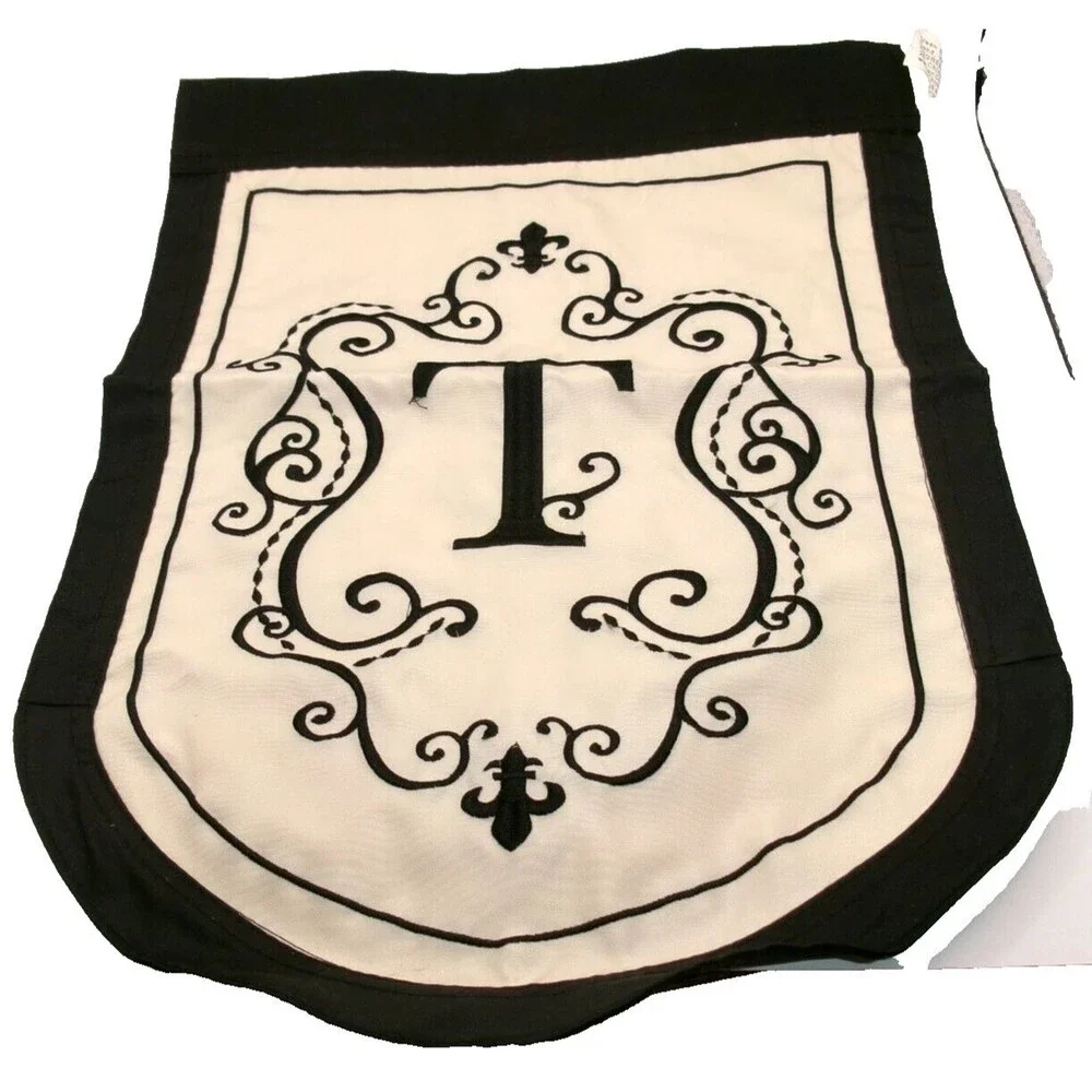 Evergreen Flag Monogram Letter T Embroidered Applique Beige & Black 12x17 inches